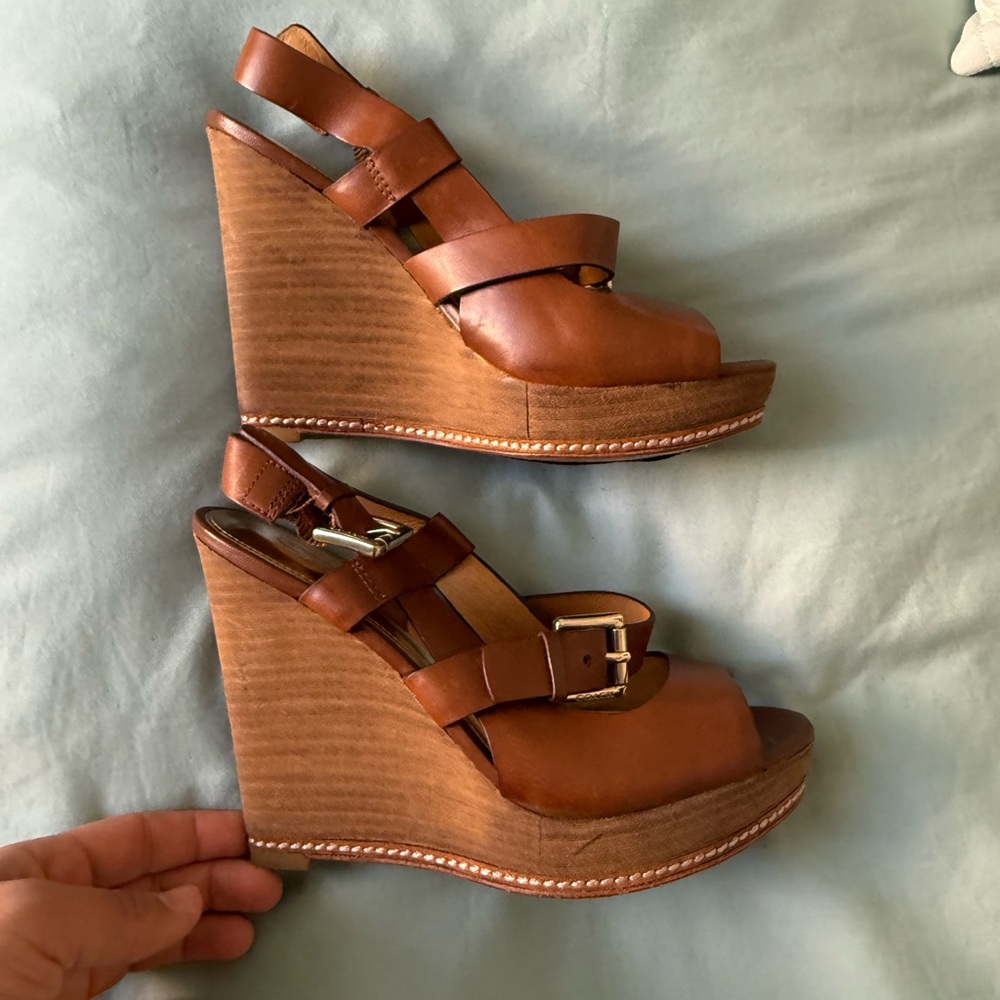 Coach Tan Leather Wedge Sandals